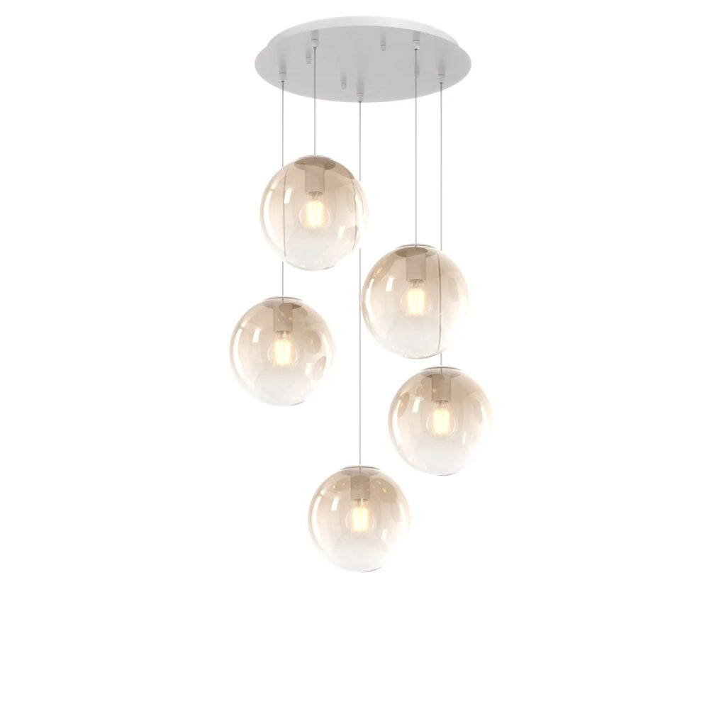 Lampadario Moderno Big Eclipse Metallo Bianco Vetro Ambra 5 Luci E27