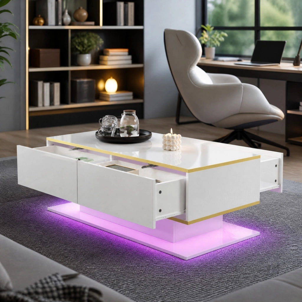 Tavolino da caffè bianco lucido con LED, 3 cassetti e dettagli oro