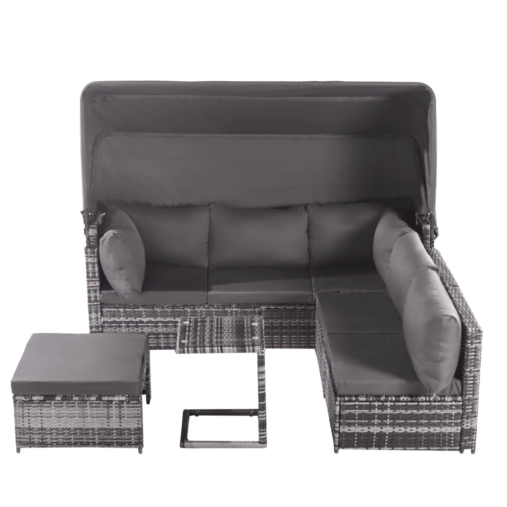 Set da giardino con area relax divano e ombrellone in rattan resistente alle intemperie per giardino e terrazzo colore grigio.