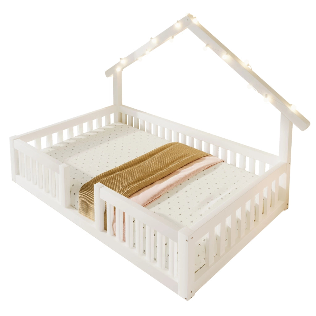 LETTO a casetta 90x200 cm in legno bianco con luci LED