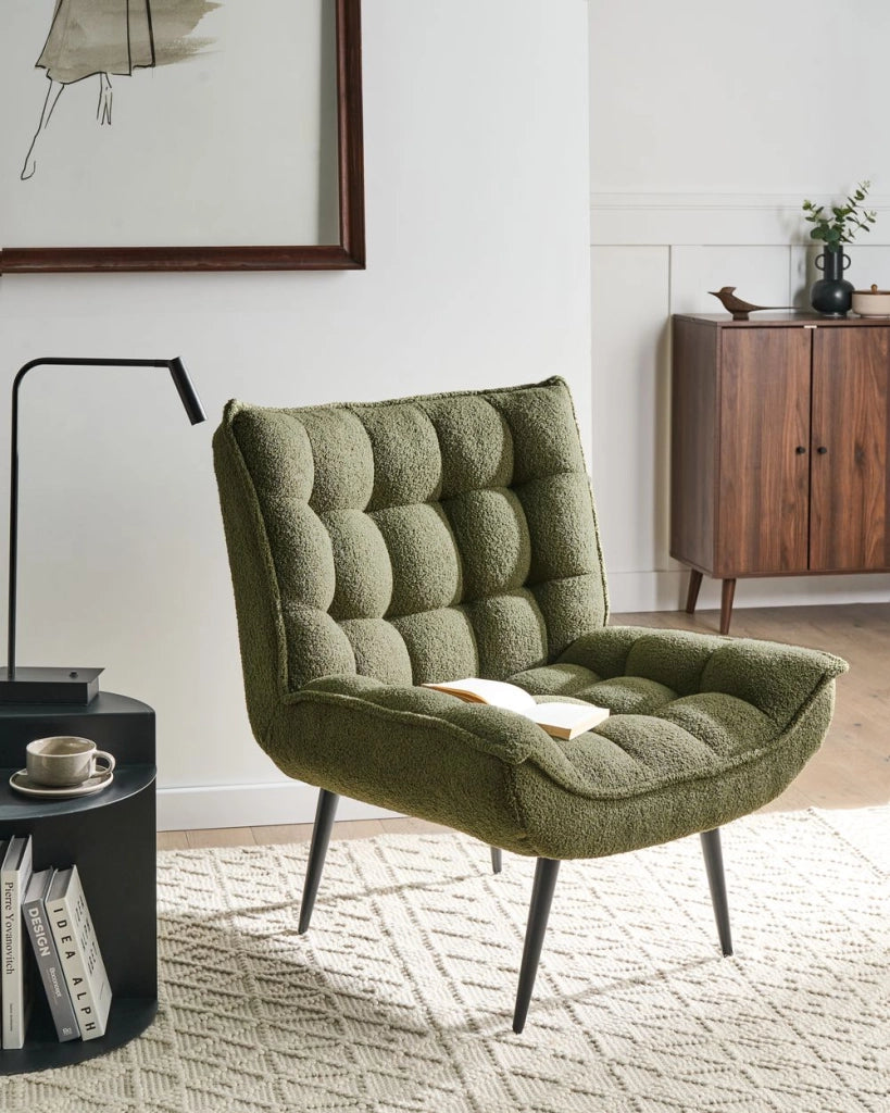 Poltrona Verde scuro Boucle Senza Braccioli Metallo Ferro Gambe Nere Soggiorno Camera da letto Moderno