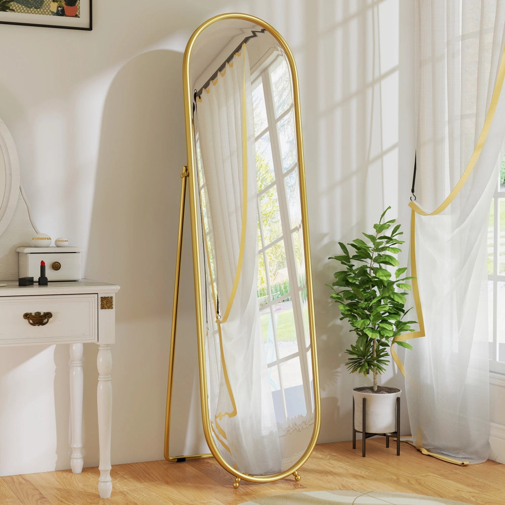 Specchio a Figura Intera da Terra 50x4x180 cm con Supporto Pieghevole in Vetro e Metallo Oro