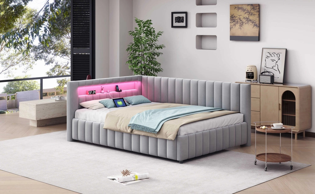 Letto divano 140x200 cm con a L con LED; USB e rete a doghe; in velluto; grigio