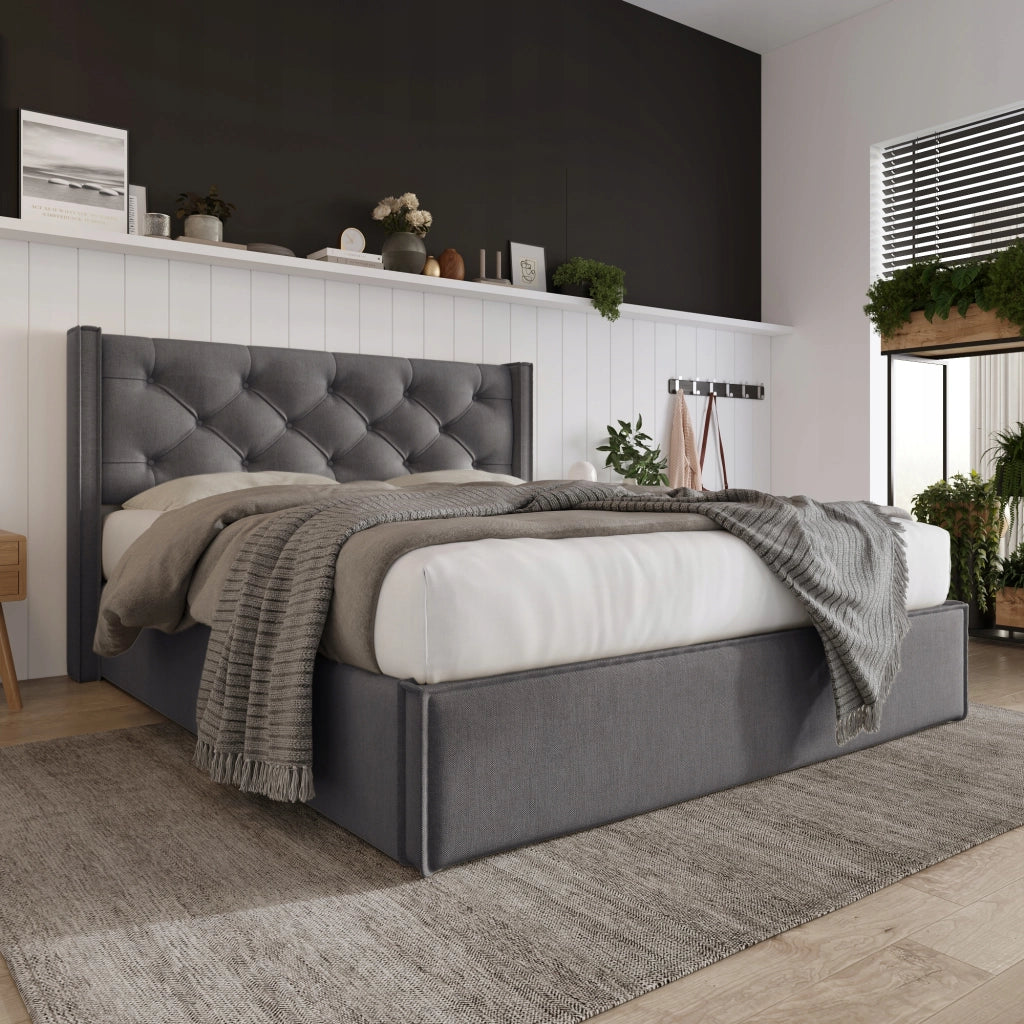Letto imbottito 160x200 - Xylo - Con sistema idraulico, grigio, incluso materasso