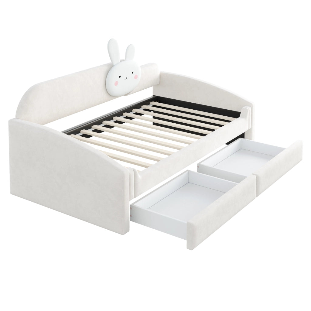 DESMIU Letto bambino 90 × 200 cm con LED, 2 cassetti, senza materasso, in velluto, beige