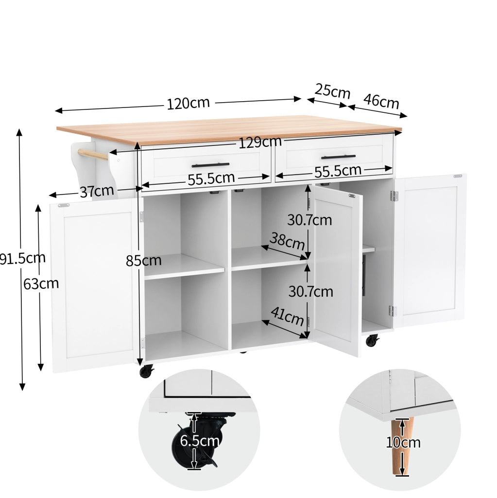 Carrello cucina con piano pieghevole, cassetti e ruote, bianco e naturale