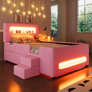 Letto imbottito a piattaforma 90 x 200 cm con scala, cassetti, strisce LED, USB e tasche contenitore - Rosa