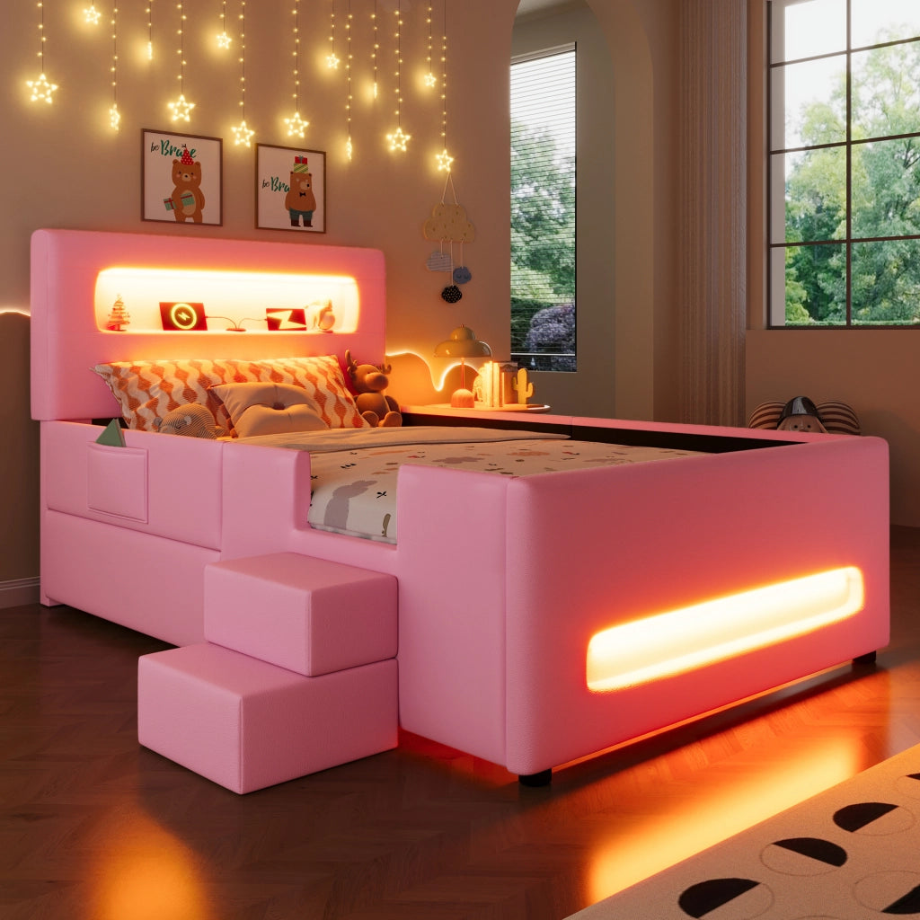 Letto imbottito a piattaforma 90 x 200 cm con scala, cassetti, strisce LED, USB e tasche contenitore - Rosa