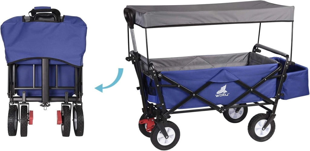 Carrello da Giardino Pieghevole con Tetto Carrello da Trasporto a Mano Rimorchio con 4 Ruote Portata 80 kg, Blu