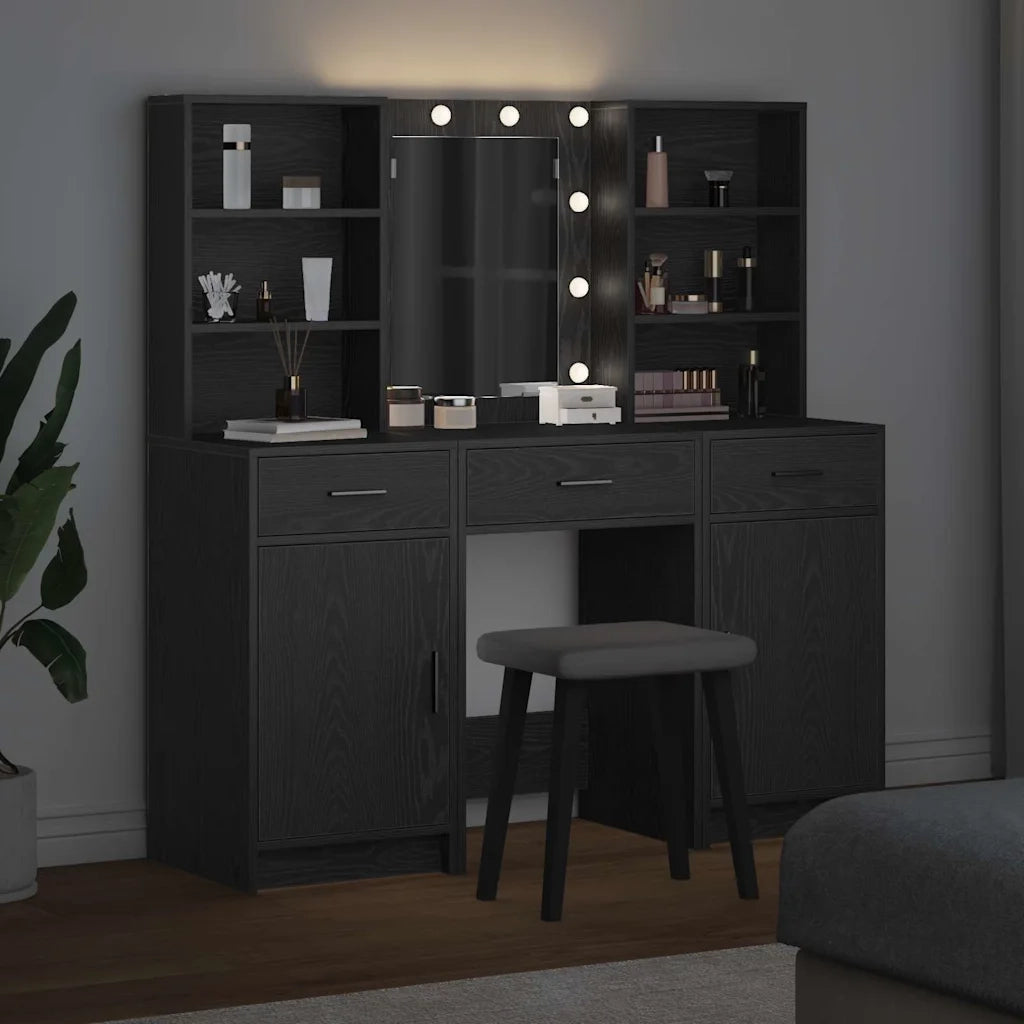 Set da tavolo da trucco con LED con cassetto 3 pcs Rovere Nero 3334291