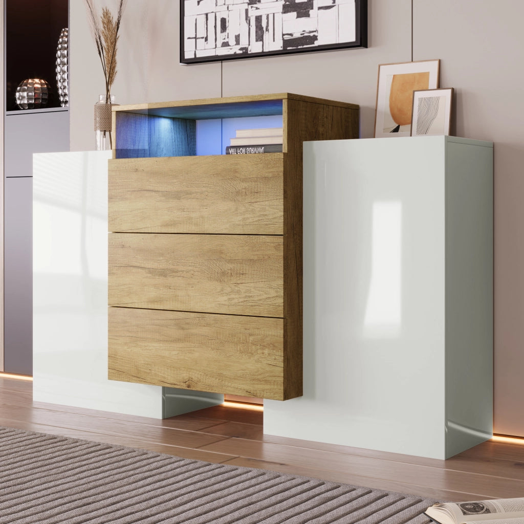 OKWISH Credenza Contenitore con 2 Ante 3 Cassetti 2 Ripiani e 1 Vano, LED, per Soggiorno, MDF, 140 x 30 x 77.5 cm