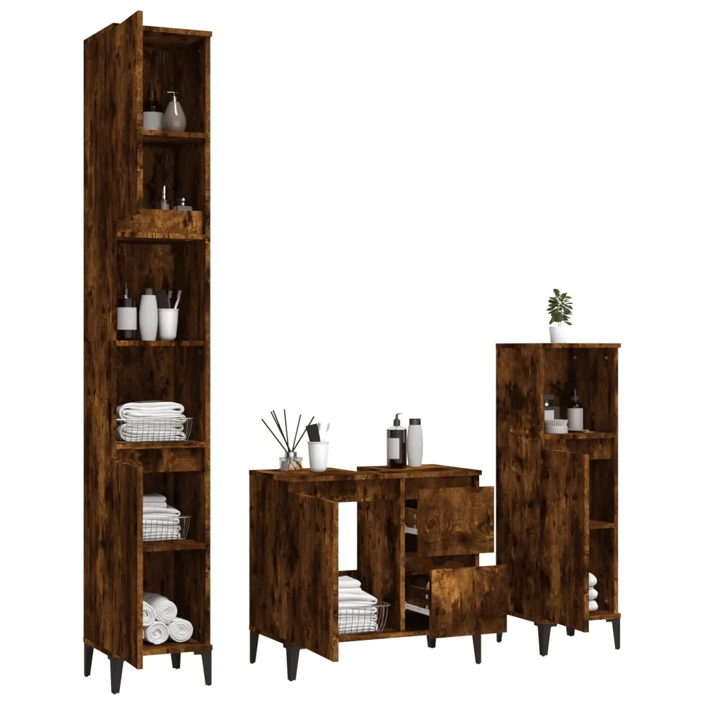 Set Mobili da Bagno 3 pz Rovere Fumo in Legno Multistrato 3185548