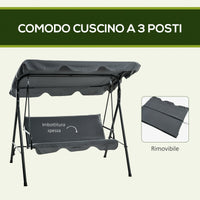 Dondolo 3 Posti con Tettuccio Regolabile 172x110x153 cm in Acciaio e Poliestere Grigio