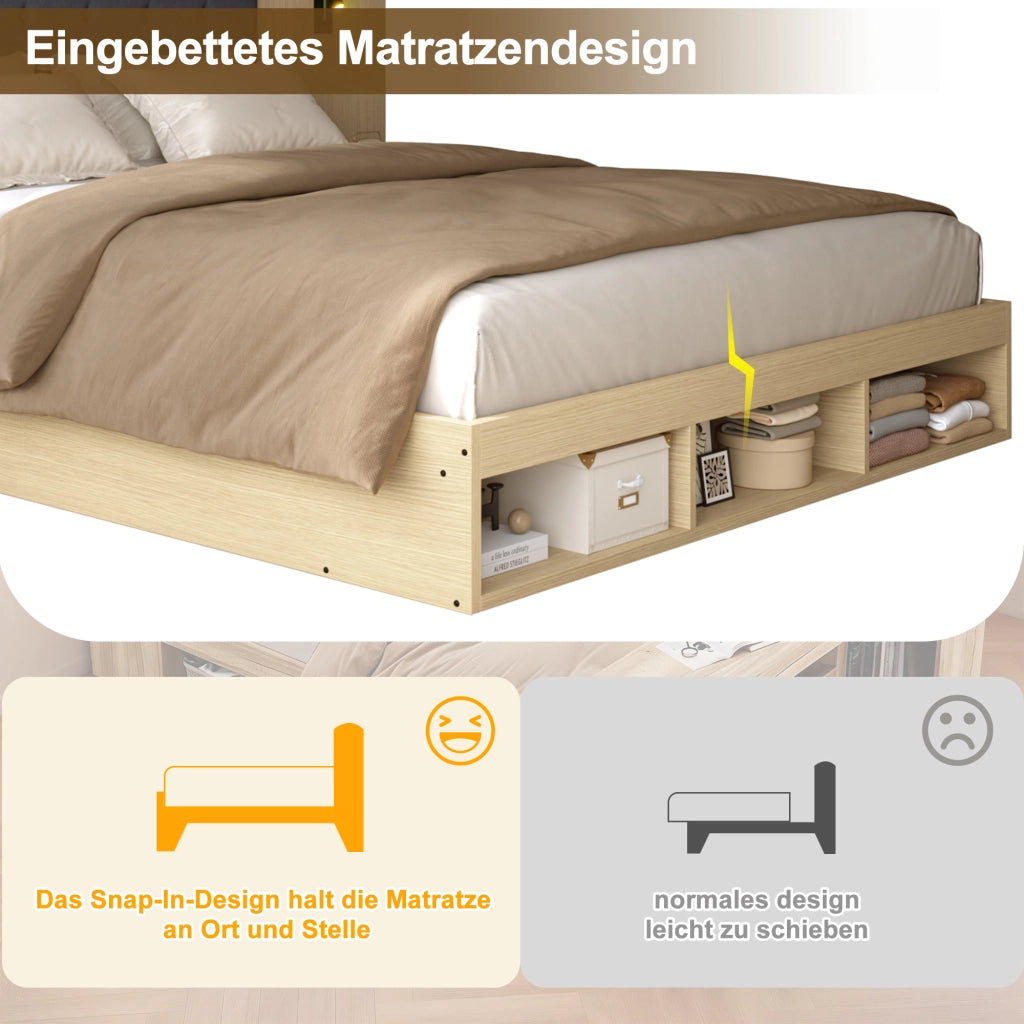 LETTO 160x200 cm con 2 comodini, MDF, Quercia Chiara