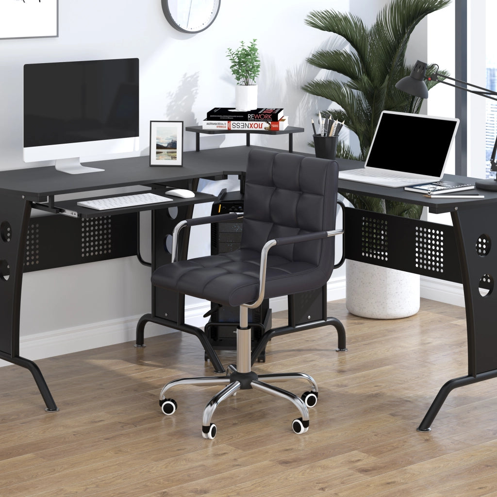 EasyComfort Sedia da Ufficio Ergonomica in pelle PU Nero, Sedia da Studio con 5 Ruote Girevoli, Imbottitura e Altezza Regolabile, 52.5x54x84-99cm