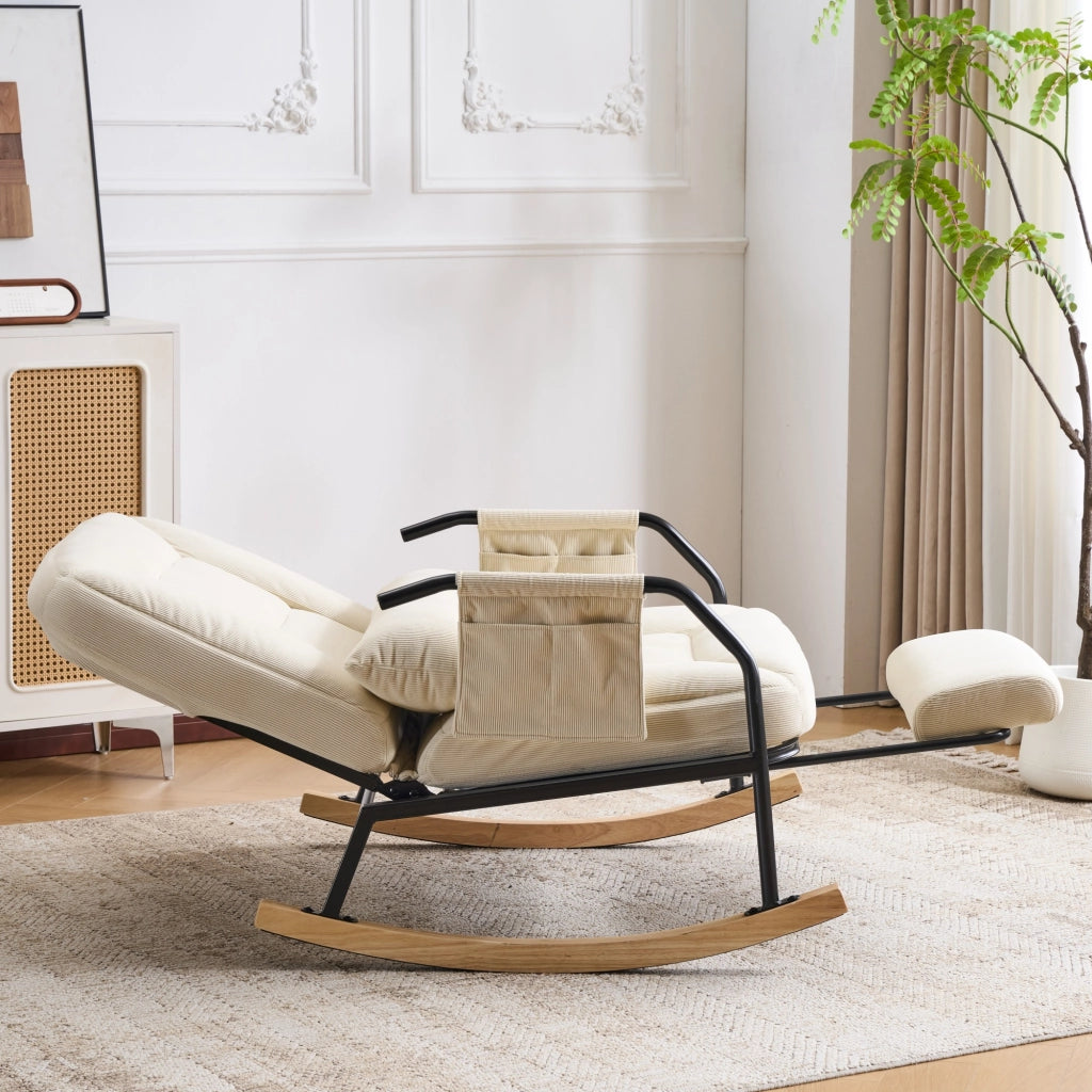 POLTRONA OSCILLANTE con schienale regolabile e poggiapiedi, Beige, velluto a coste