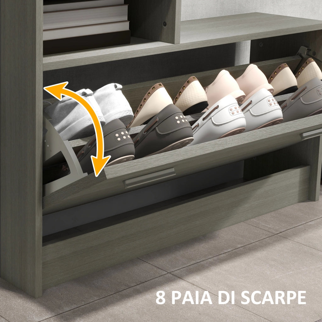 Set Mobili da Ingresso con Appendiabiti, Specchio, Panca con Scaffale e Scarpiera per 8 Paia di Scarpe, Grigio