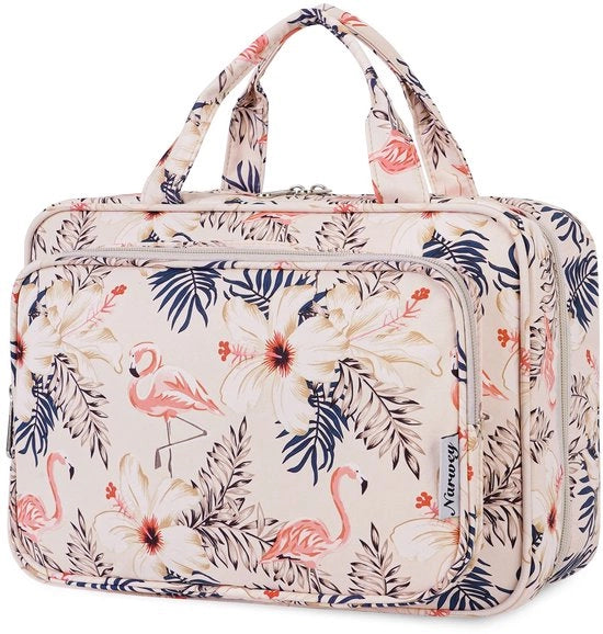 Sacca da bagno appeso, borsa da trucco grande, organizzatore di cosmetici per donne e ragazze (Beige Flamingo (grande))