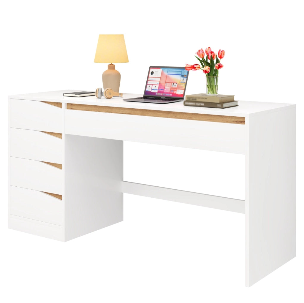 Scrivania 140x50 cm con 5 cassetti; bianco e rovere; in truciolare