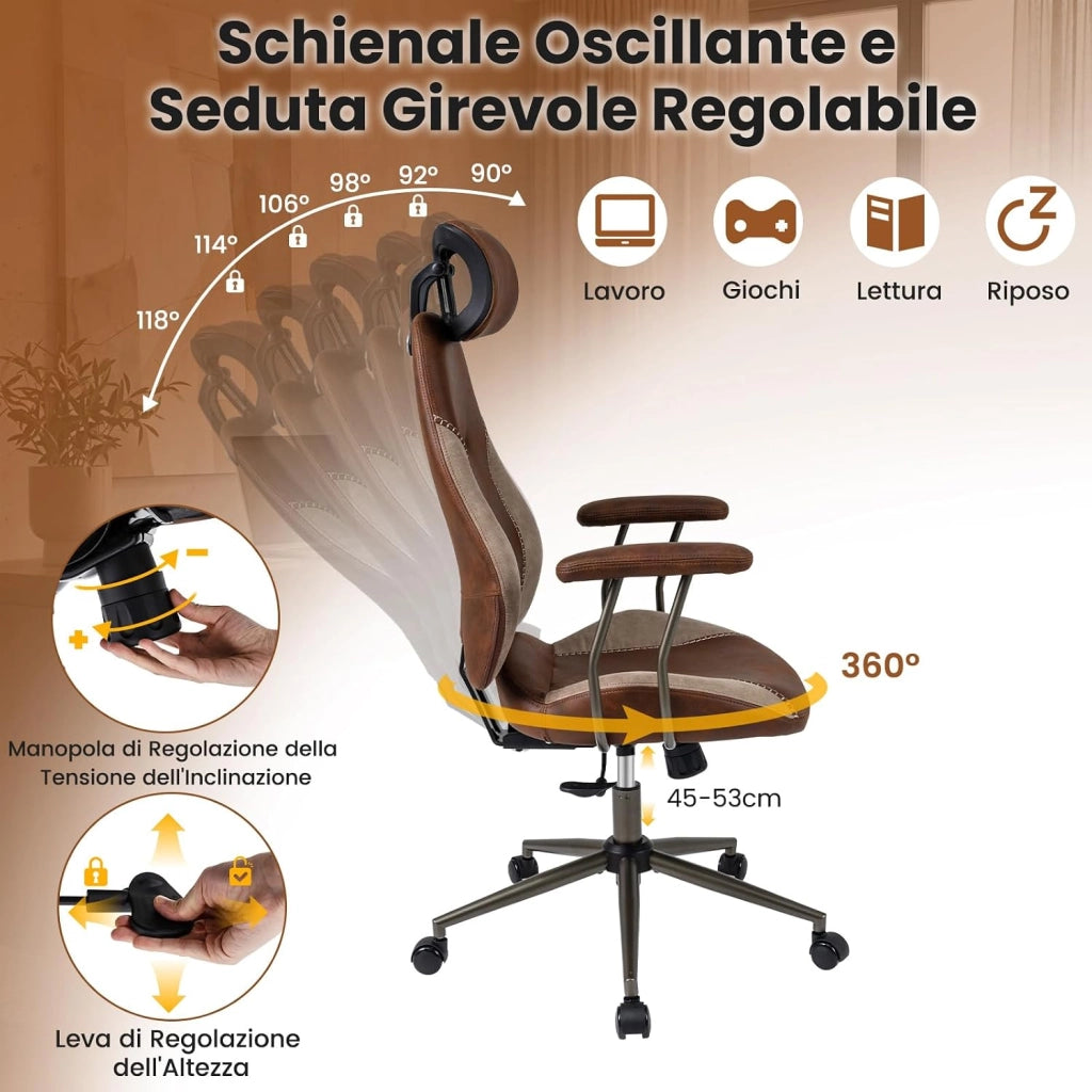 Sedia da Ufficio Ergonomica, Sedia da Scrivania in Tessuto di Lino con Poggiatesta 2D, Schienale Oscillante e Ruote, Poltrona da Lavoro Regolabile Girevole, Portata 150 kg (Marrone)