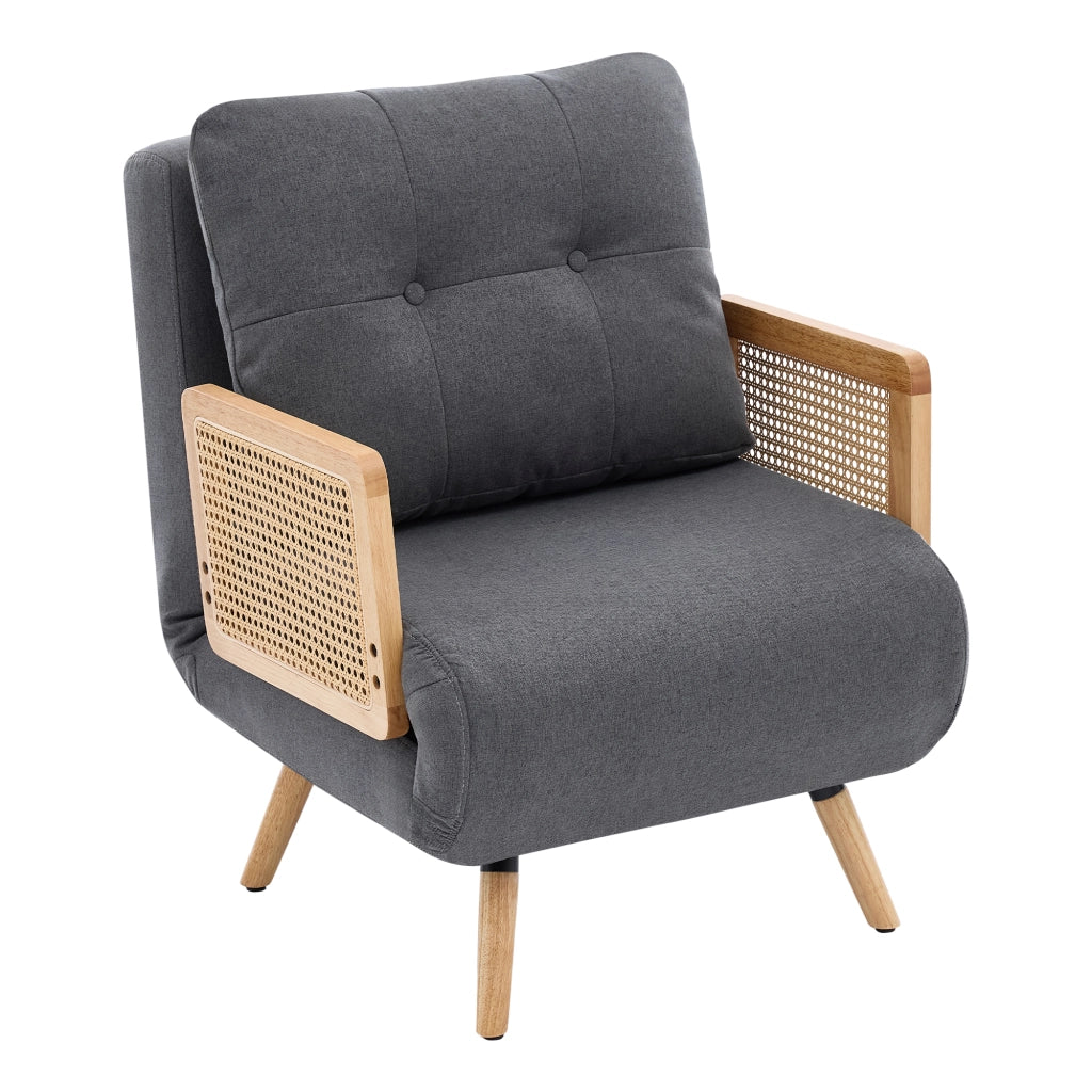 Poltrona letto 3 in 1 in tessuto lino grigio con schienale regolabile e braccioli in rattan