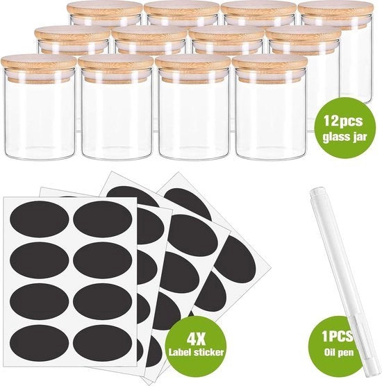 Set di contenitori per spezie da 12 con coperchio in bambù, ideali per contenitori di scorta per spezie, erbe e tè, conservazione in vetro con coperchio in bambù