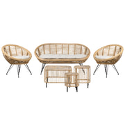 Set di divani a 4 posti in rattan naturale beige chiaro con cuscini in cotone con 3 tavolini per interni e per esterni stile bohémien giardino balcone.