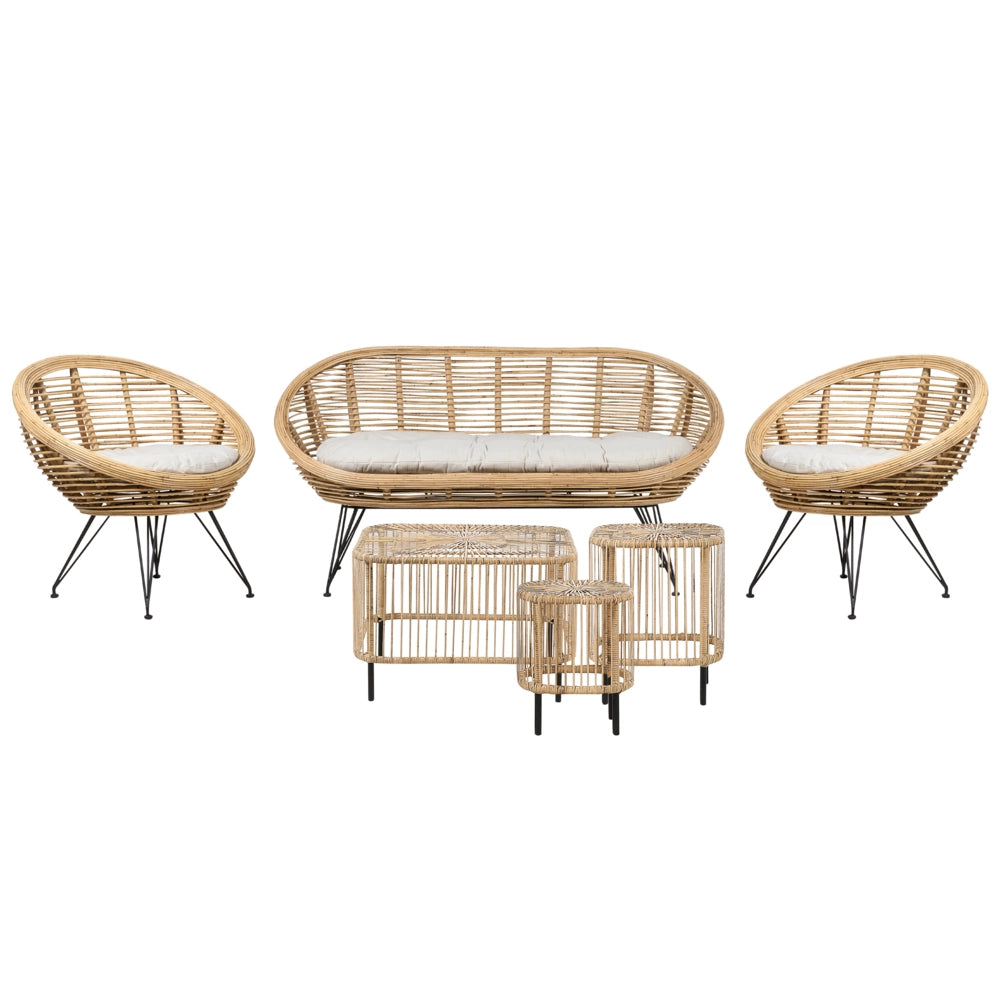 Set di divani a 4 posti in rattan naturale beige chiaro con cuscini in cotone con 3 tavolini per interni e per esterni stile bohémien giardino balcone.