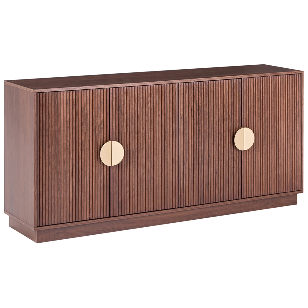 Credenza a 4 ante in MDF, colore marrone scuro, da appoggio, con ripiani e frontale scanalato, mobile contenitore per la casa
