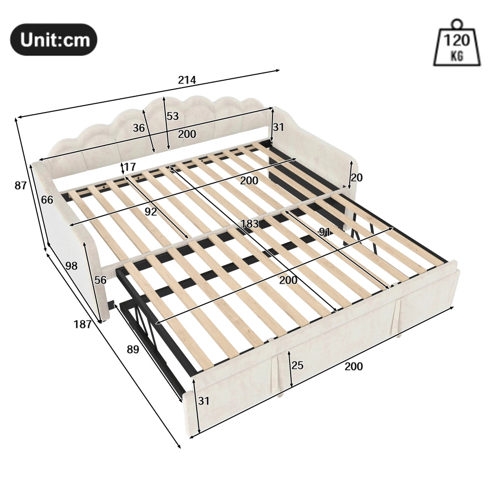 Divano letto estraibile con letto a scomparsa e striscia LED multicolore, testiera ondulata in velluto e MDF beige