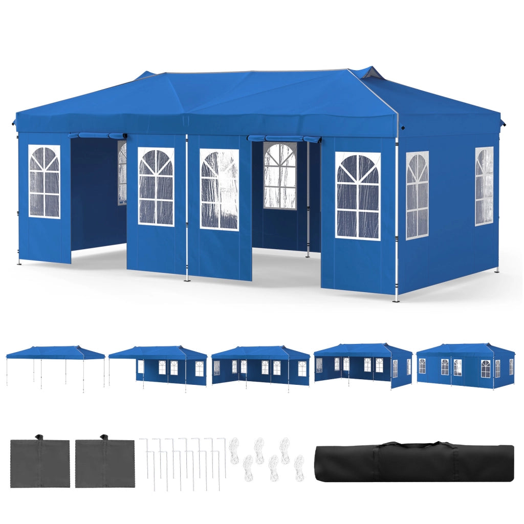 Gazebo da esterno pieghevole 3 x 6 m con pareti rimovibili striscie riflettenti sacchi di sabbia, Tendone pop up regolabile in altezza Blu