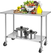 Tavolo da Lavoro in Acciaio Inox 122 x 61 x 90 cm con Ruote, Piano di Lavoro per Preparazione di Alimenti con Ripiano Regolabile, Tavolo da Lavoro Commerciale per Cucina, Ristorante e Hotel