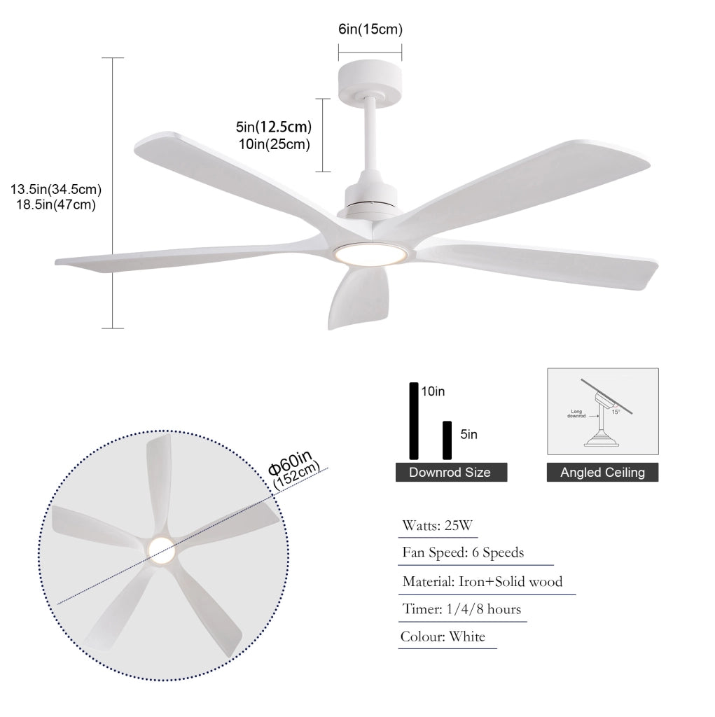 Ventilatore da soffitto da 60 pollici con luce LED e telecomando; 5 pale in legno; bianco