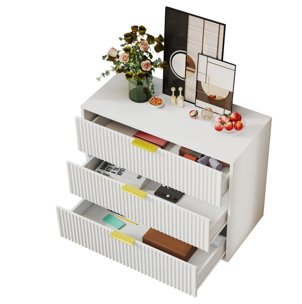 Cassettiera in MDF bianca con 3 cassetti e gambe in metallo dorato