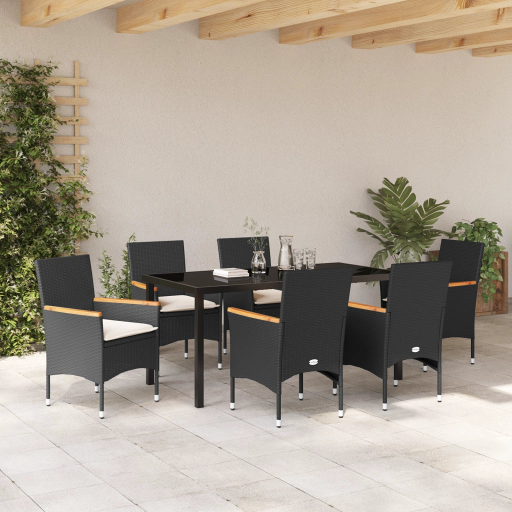 Set da pranzo da giardino  da 7 pezzi con cuscini polyrattan nero