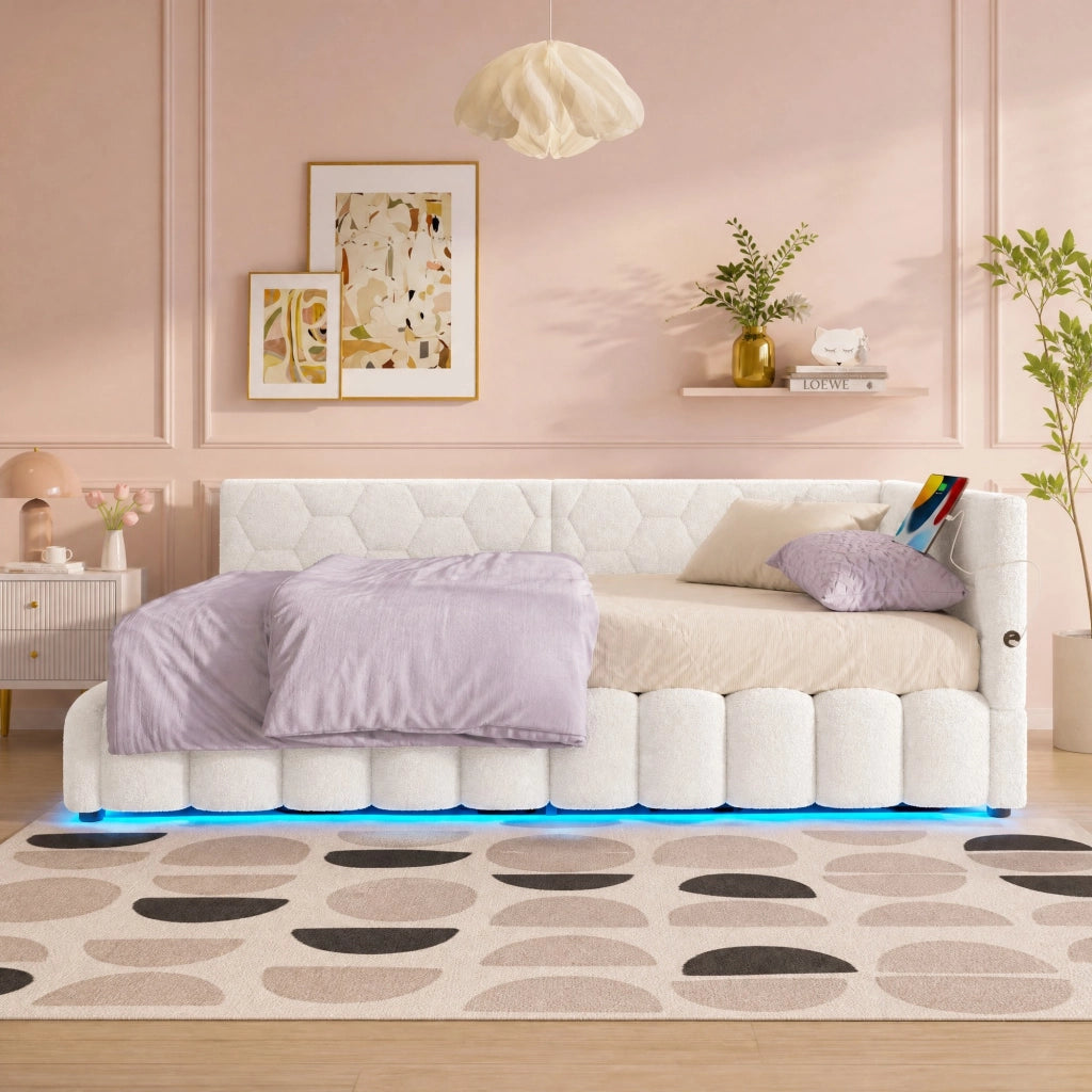 Letto daybed 90x200 cm con contenitore; LED; USB e Type-C; in Vliesimitat bianco