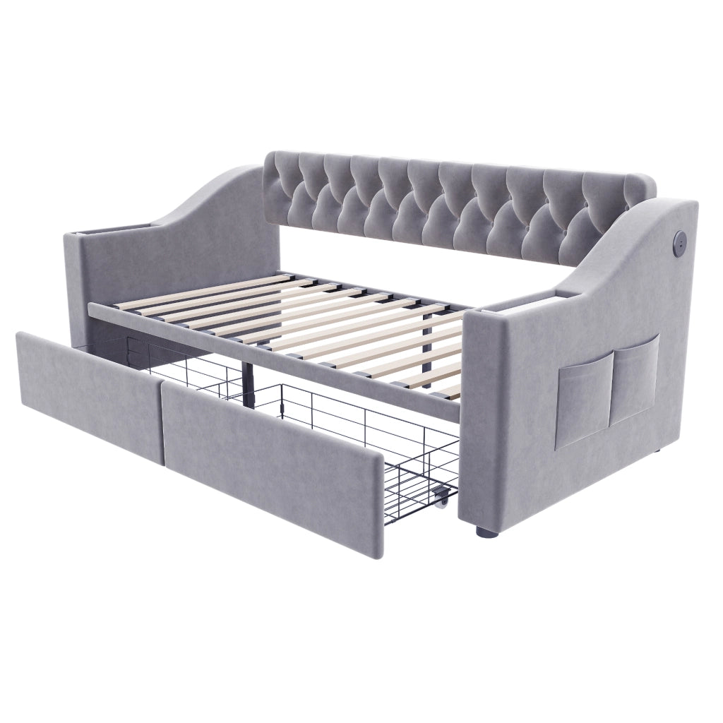 DIVANO LETTO 90x190 cm Grigio chiaro in velluto con cassetti contenitore