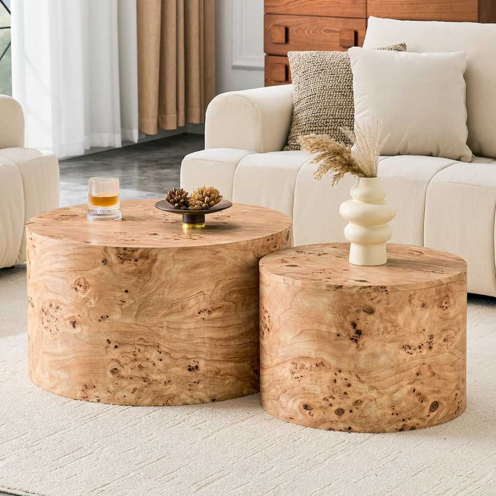 Set di 2 tavolini da caffè rotondi effetto legno con vano contenitore, tavolini nesting in MDF, per soggiorno
