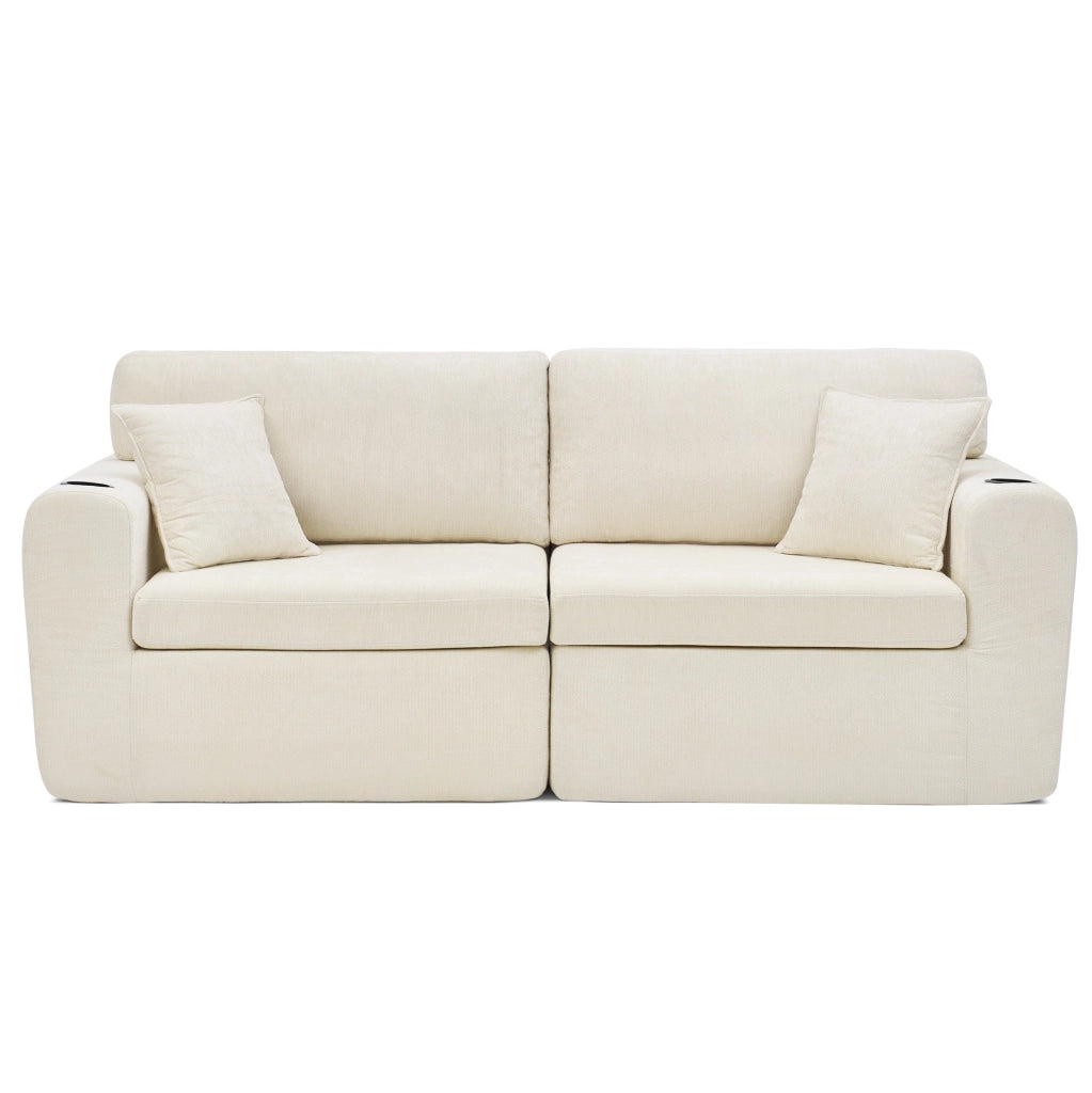 Divano relax 2 posti in ciniglia beige con ricarica USB; tasche laterali e portabevande