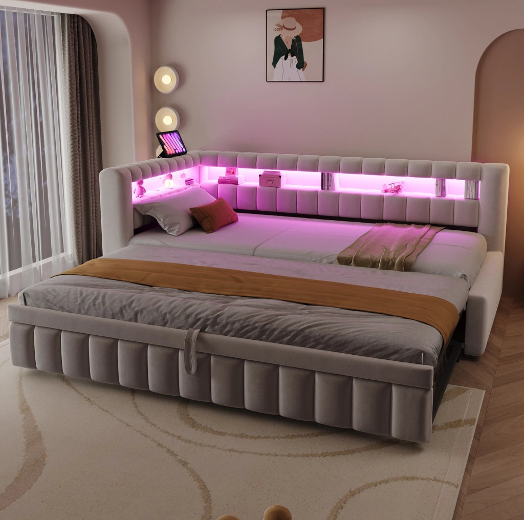 Divano letto estraibile ULEVR 90x200 cm con LED, USB e Type-C, vani integrati, velluto beige
