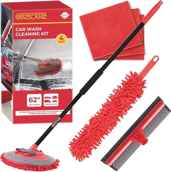 Set di pulizia a quattro pezzi con manico lungo e tovaglioli in microfibra per una cura ottimale del veicolo