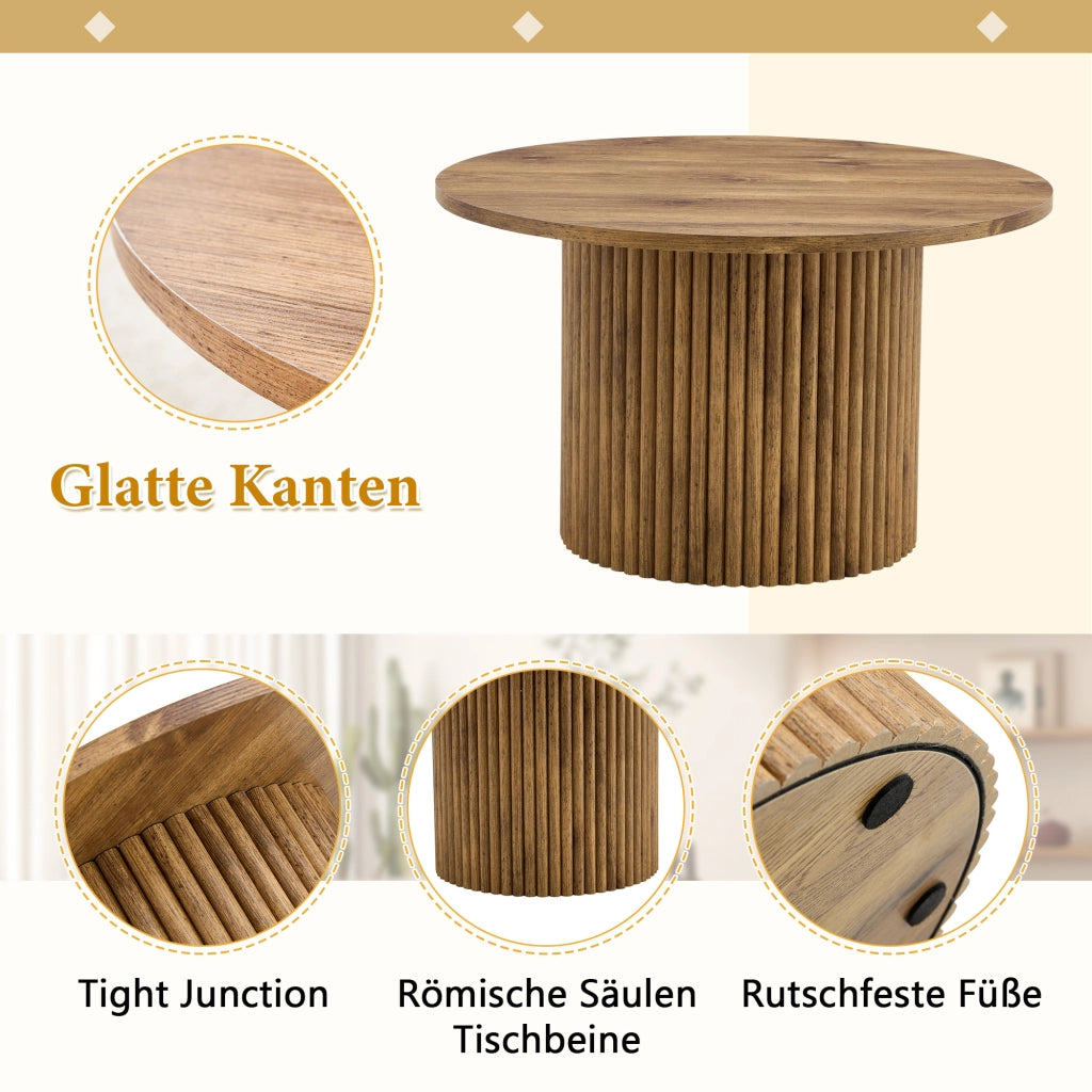 Tavolino basso rotondo in MDF con base a colonna e telaio metallico per soggiorno, effetto legno, 70 × 42 cm