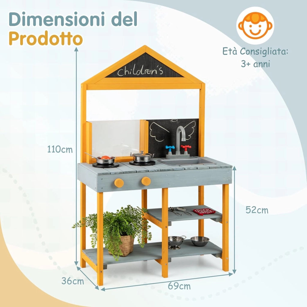 Cucina Giocattolo per Giardino con Vaso da Piantinaggio Trasparente, Rubinetto e Lavandino Rimovibile, Cucina in Legno di Abete per Bambini, Set Cucina con 8 Accessori (Blu e Arancio)