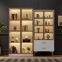 Set di Vetrine Moderne con Illuminazione LED e Ripiani Regolabili, adatte per soggiorno, ufficio, in Vetro, 80x40x160 cm + 70x35x150 cm, Bianco