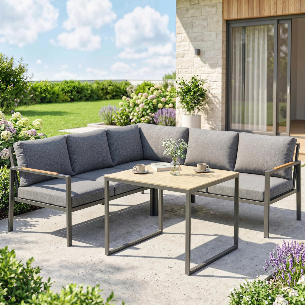 Set Giardino Esterno 3 Pezzi 5 Posti ¨C zephmum ¨C 2 Divani con Cuscini, Tavolino, 183x183x72, Grigio Scuro