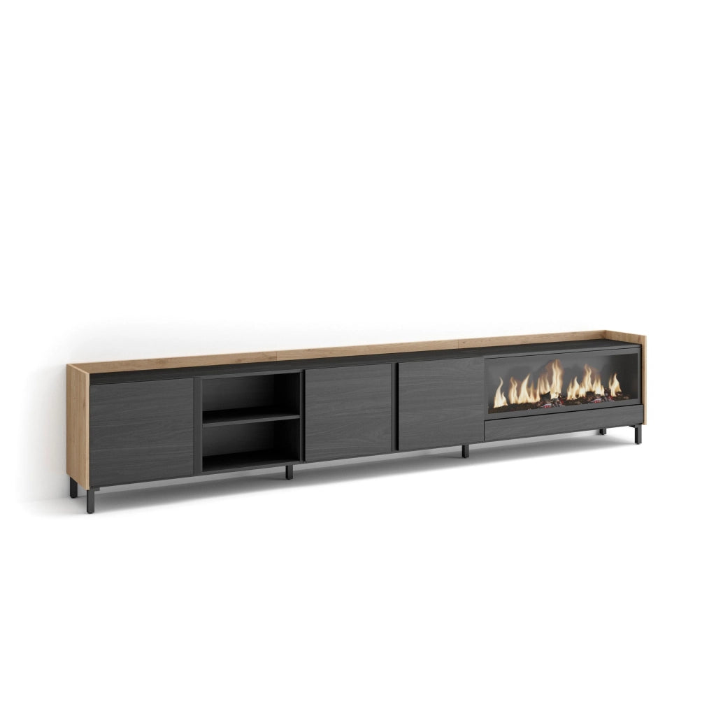 Mobile TV Soggiorno, 315x61x35 cm, Per TV fino a 80", Camino elettrico XXL, Design industriale, Nero e rovere