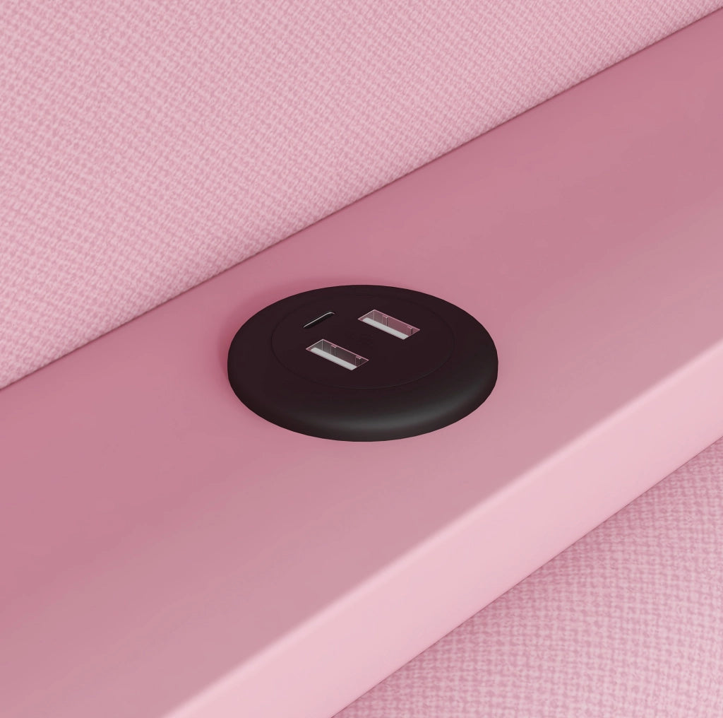 Letto da giorno imbottito 90x200 cm con scrivania; 2 cassetti; LED e USB; rosa