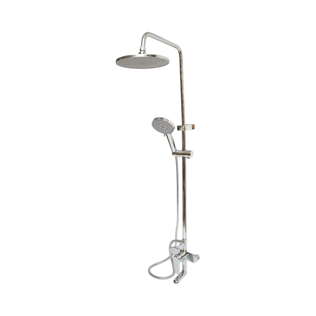 Set doccia multifunzionale da parete con doccetta a mano, bocca per vasca, soffione rotondo, cartuccia in ceramica, finitura cromo lucido.