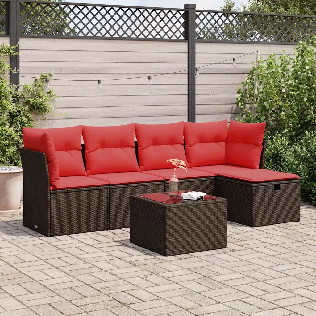 Set Divano da Giardino 6 pz con Cuscini Marrone in Polyrattan