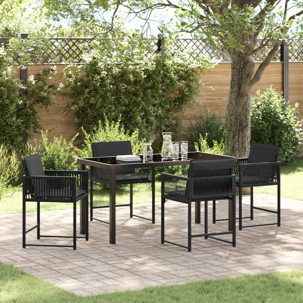 Set da pranzo da giardino 5 pezzi con cuscini neri in polyrattan